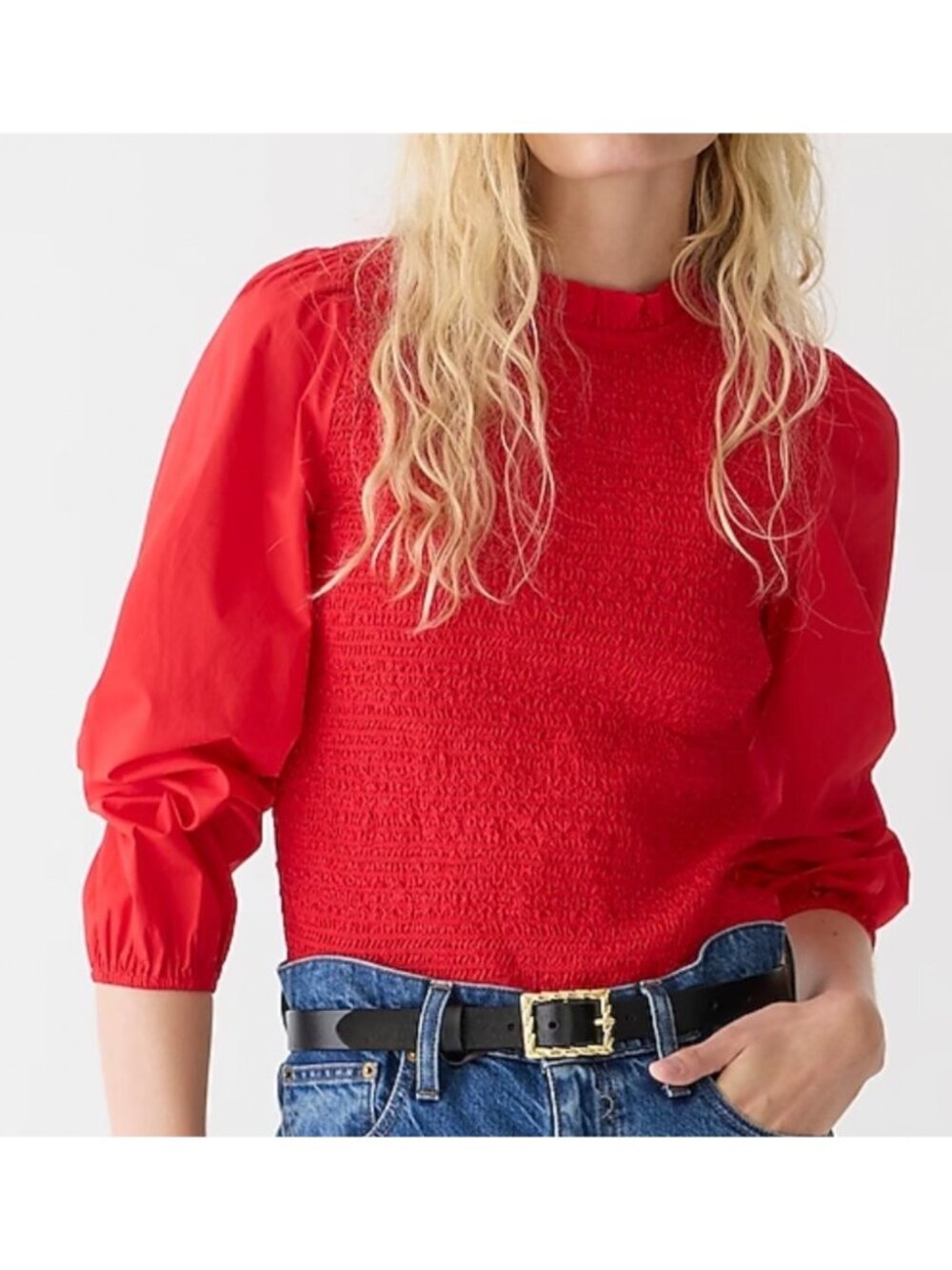 J.Crew Organic Cotton Ruffle Neck Smocked Top Medium Red Ballon Long Sleeves
